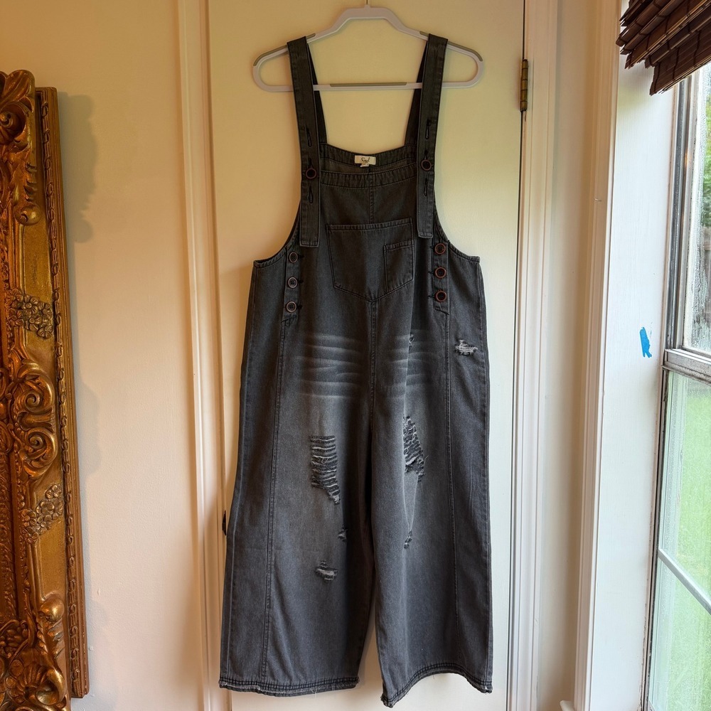 Easel Los Angeles Womens Distressed Wide Leg Denim Overalls Faded Black S